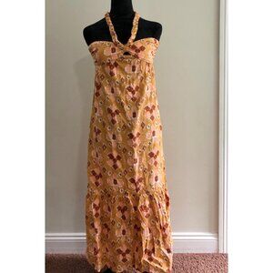 Aerie Yellow & Orange Patterned Maxi Dress With Braided Halter Neck Size XXS NWT